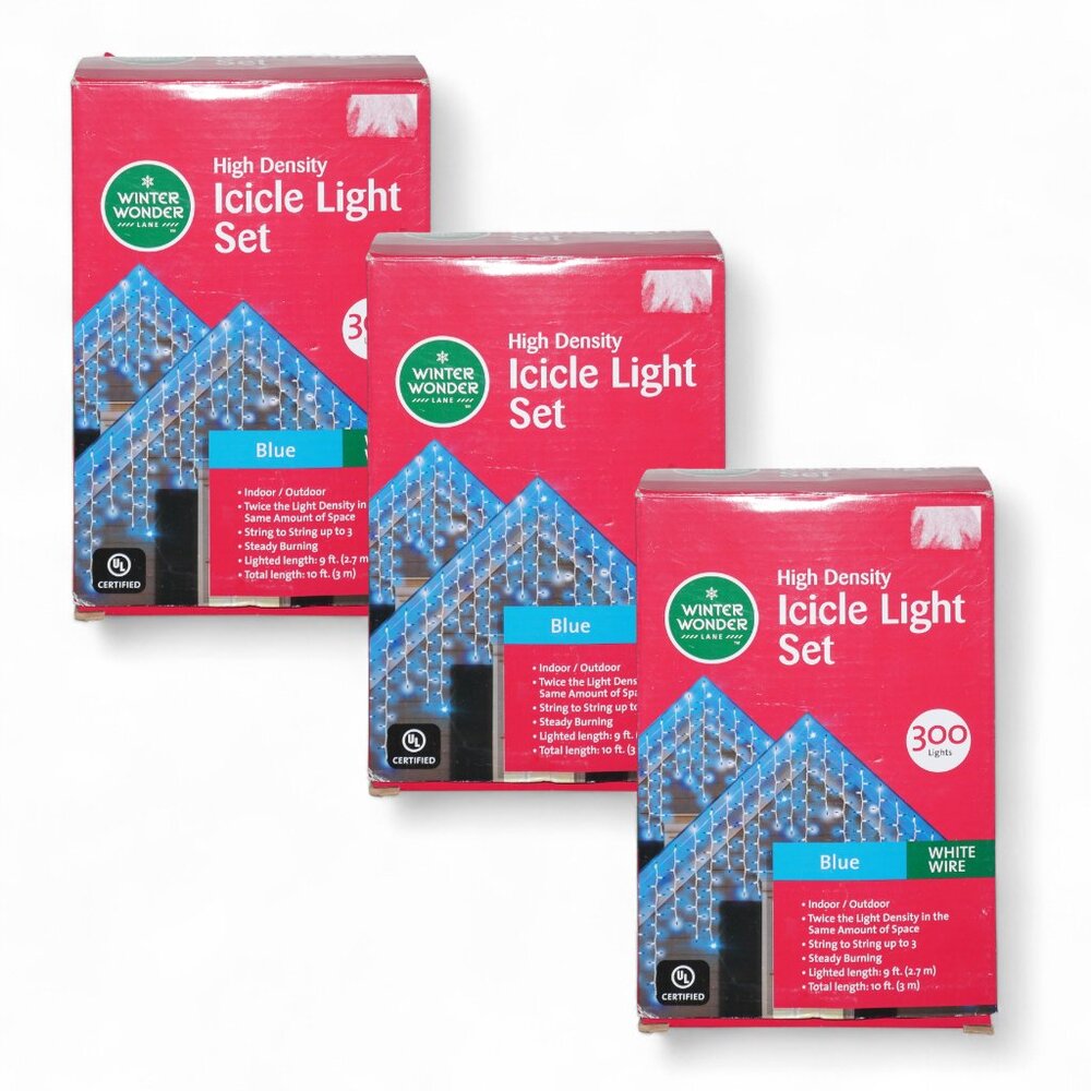 3 Sets x 300 Count High Density Blue Icicle Lights White Wire 10 Ft Steady Lit